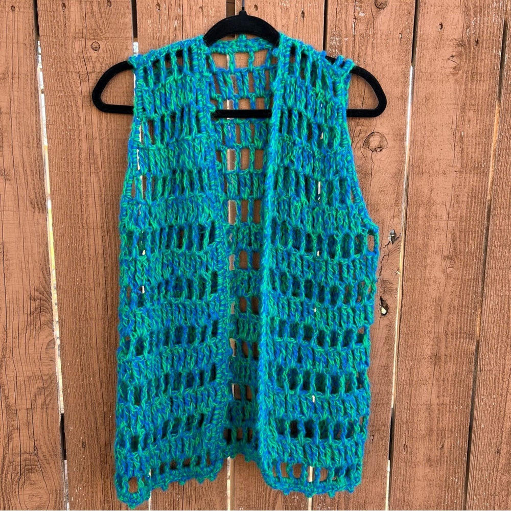 American Vintage 70s Blue Green Open Knit Vest
